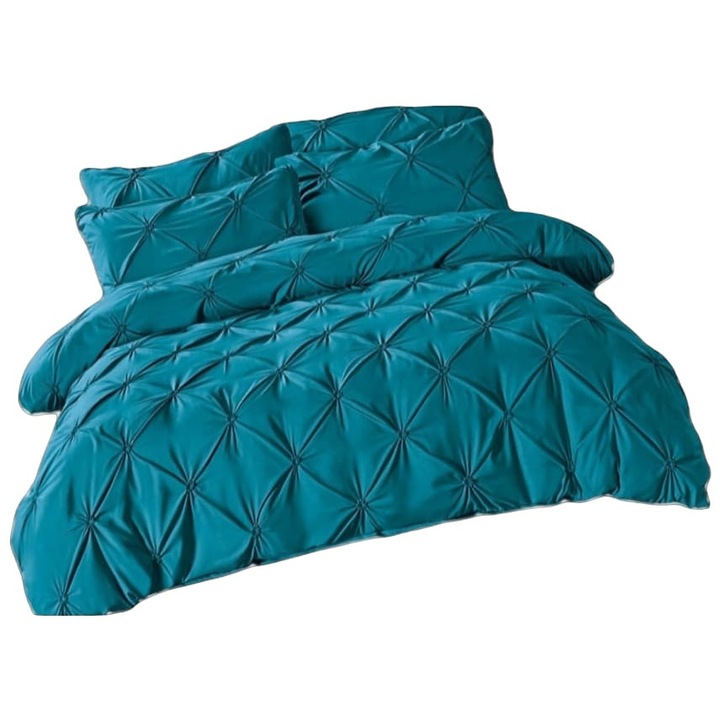 Lenjerie pat dublu din finet cu pliuri 6 piese Turcoaz Jojo