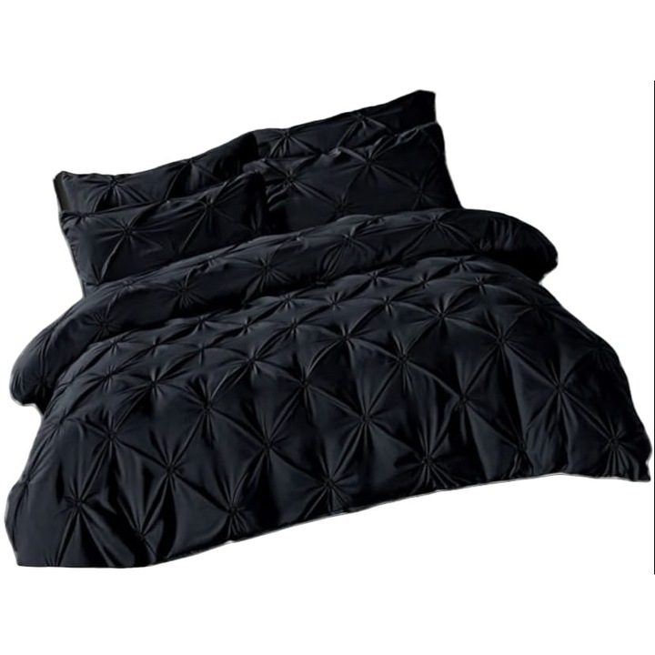 Lenjerie pat dublu din finet cu pliuri 6 piese Negru Jojo