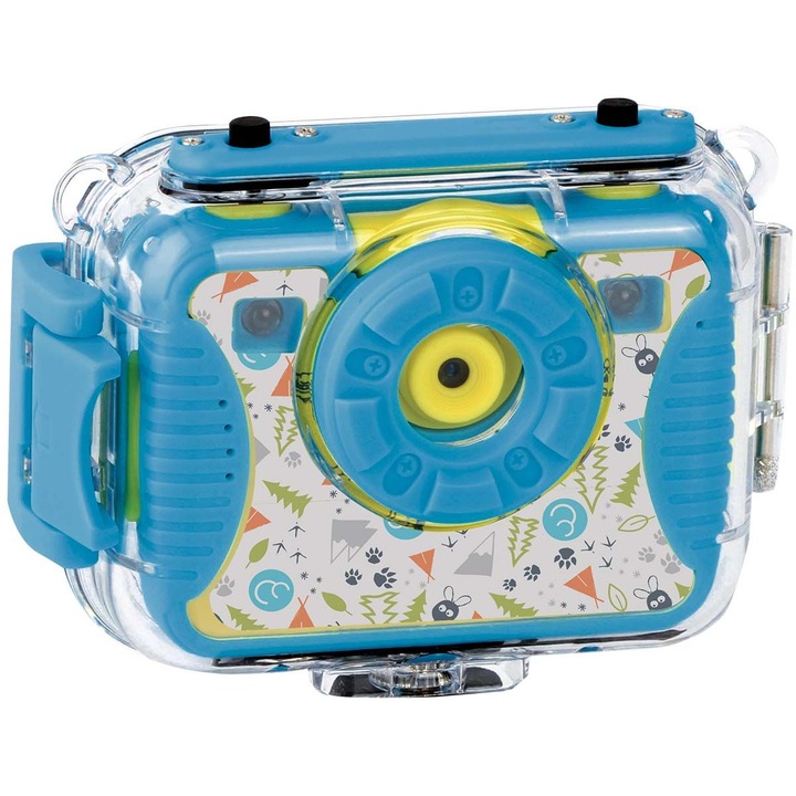 Camera foto digitala pentru copii Imaginarium Multimedia Moving Cam, fotografie, video, 19 efecte, 4 jocuri, carcasa de protectie impermeabila, functie selfie, husa din silicon cu manere, suport pentru casca si bicicleta, 13 accesorii, baterie Li-Ion