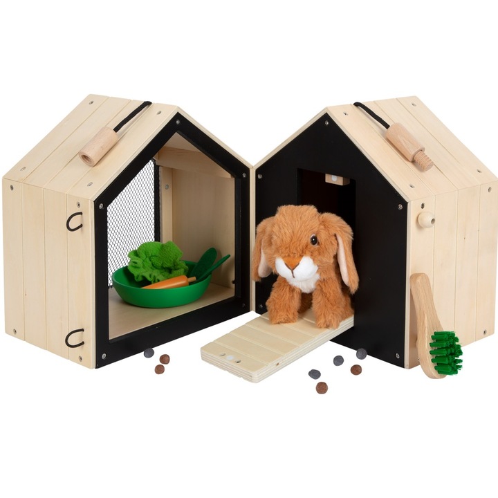 Дървена играчка, Клетка за зайци с мрежеста ограда и аксесоари, 3+ години, 28 x 24 x 24 см