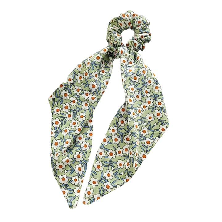 Elastic de par, accesorizat cu funda ponytail, model fantezie cu flori, imprimeu floral, verde, EFAYN