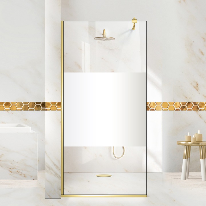 Paravan dus walk-in Aqua Roy ® Gold, model Line incolor, feronerie full inox auriu, sticla 8mm clara, securizata, anticalcar, 120x195 cm