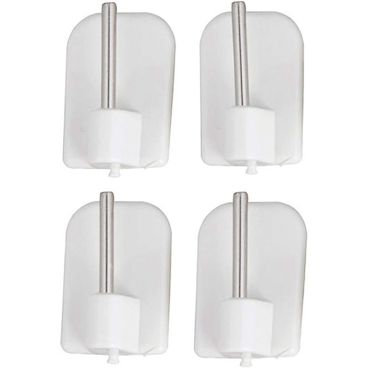 Set 4 carlige autoadezive pentru perete, plastic, rezistente la rugina, 1.7x2.4cm, Alb