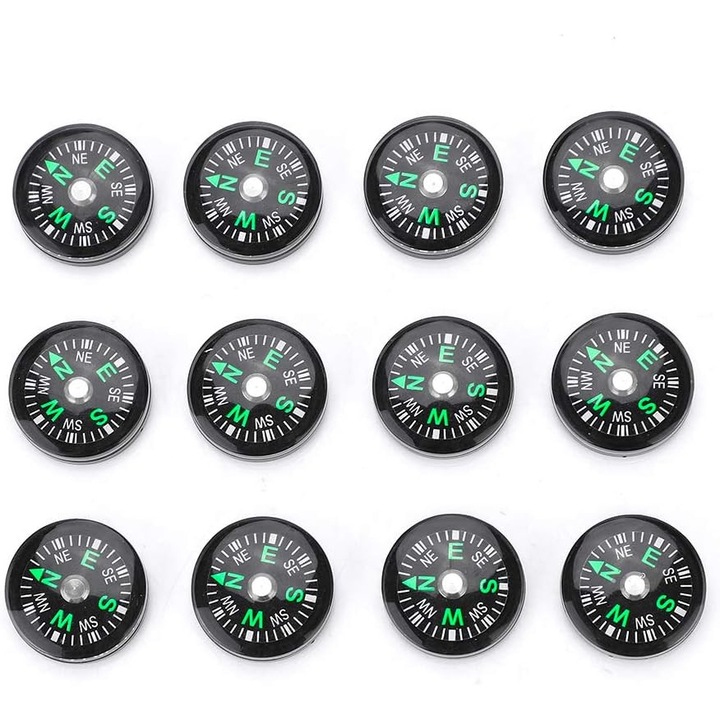Set 12 mini busole pentru drumetii, Plastic, 20mm, Negru/Verde