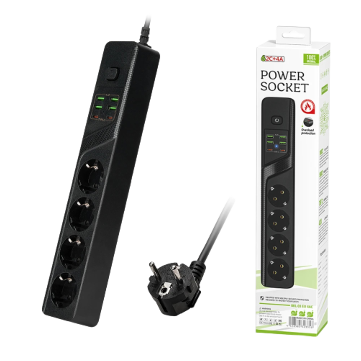 Удължител BKL-03 Черен, 4 гнезда, 4xUSB 5V/4.2A, 2xType-C 4A, 2m, 3000W, защита от претоварване, антистатичен