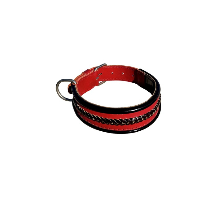 Zgarda caine din piele naturala dublata, culoare rosie, cu impletitura si margine neagra(70cm / 40mm / 7mm)