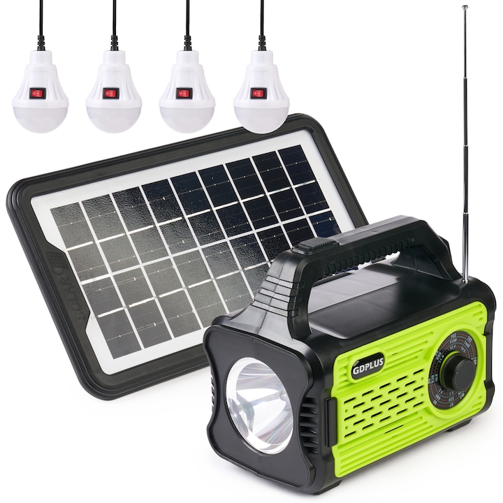 Kit Solar cu Lanterna si 4 Becuri Led GD-8076, Baterie 6000MAH, Radio incorporat