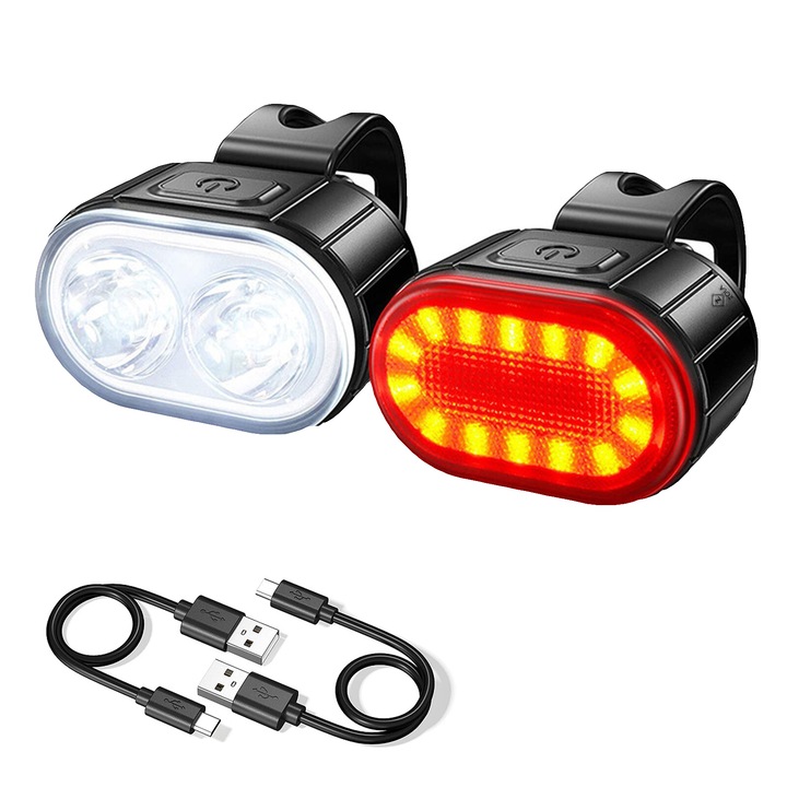 Set de lumini bicicleta, Zola®, LED, prindere de ghidon, lumini fata alba si spate rosie, incarcare microUSB, 43x27mm, negru