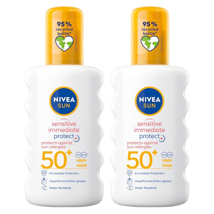 Set 2 x Spray de Protectie Impotriva Alergiilor Solare Nivea Sun Sensitive Immediate Protect, SPF 50+, 200 ml
