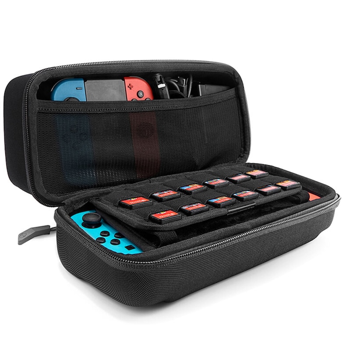 Védőtáska Nintendo Switchhez, Fancy Hardshell, Kemény textil, Zseb játékokhoz és kiegészítőkhöz, Fenntartható anyag, Vízálló szövet, 360 védelem, Plüss belső, Utazás, Ultra védelem, Fekete