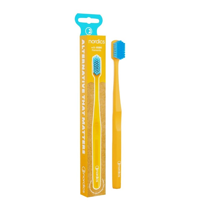 Bioműanyagból készült fogkefe PLA újrahasznosítható sárga 6580 sörtéjű NORDICS