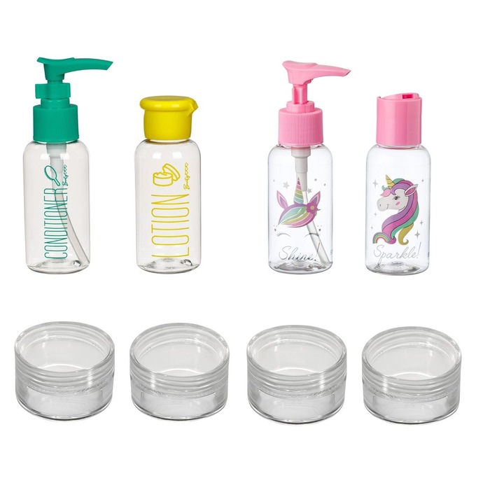 7 darabos He and She utazó tartály készlet, zöld - rózsaszín - fehér, 4 x 80 ml, 4 x 11 ml, műanyag