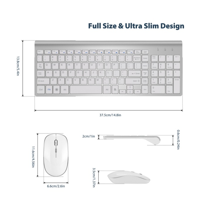 Комплект безжична клавиатура и мишка QttvbTna, ергономичен дизайн, регулируем DPI, бял