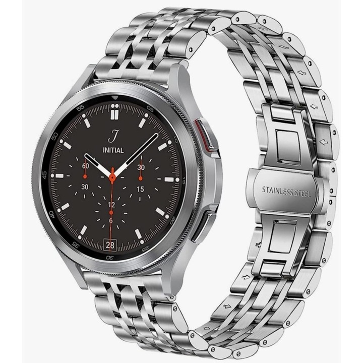 Rozsdamentes acél okosóra szíj, dupla csattal Deployant luxus, kompatibilis a Samsung Active Active2 Galaxy Watch, Huawei Watch GT2 GT3 42 mm, Amazfit BIP GTS 2 3 4, GTR GTS mini, szélesség 20 mm, ezüst
