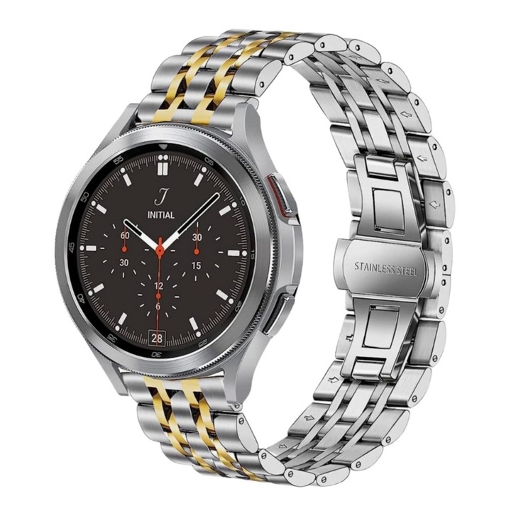 Rozsdamentes acél rozsdamentes acél okosóra szíj, dupla csattal Deployant luxus, kompatibilis a Samsung Active Active2 Galaxy Watch, Huawei Watch GT2 GT3 42 mm, Amazfit BIP GTS 2 3 4, GTR GTS mini, szélesség 20 mm, Ezüst arannyal