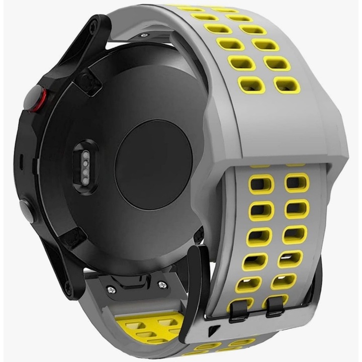 Силиконова каишка за смарт часовник с бързо освобождаване, съвместима с Garmin Fenix 5 5Plus 6 6Pro 7 7Pro, Epix Descent G1, Forerunner 965 955 945 935, Approach S62 S60, Tactic Bravo Quatix5, ширина 22 mm, сиво-жълто