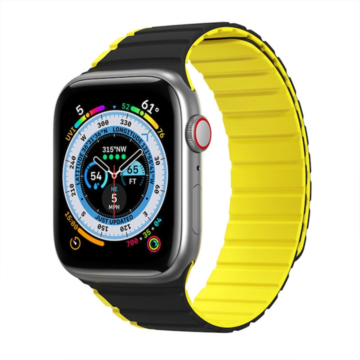 Apple Watch 7/8 óraszíj 41-45 mm, mágneses sportszíj, szilikon, puha tapintású, kényelmes viselet, fekete sárgával