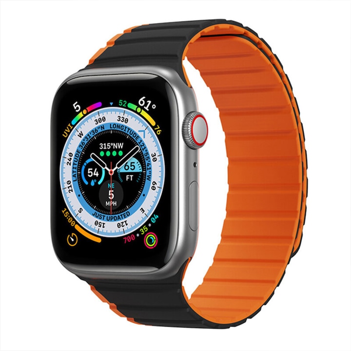 Óraszíj Apple Watch 4/5/6/SE 40-44 mm, mágneses sportszíj, szilikon, puha tapintású, kényelmes viselet, fekete narancssárgával
