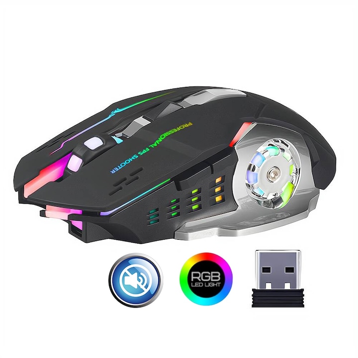 Мишка gaming wireless Fbirddek® T2, 7 светлинни ефекта, USB приемник, 6 бутона, Регулируема 1200/2400/3600DPI, 2.4 GHz, 400 mAh, Без звук, Акумулаторна, Универсална, Черен