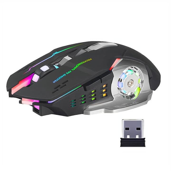 Мишка gaming wireless Fbirddek® T2, 7 светлинни ефекта, USB приемник, 6 бутона, Регулируема 1200/2400/3600DPI, 2.4 GHz, 400 mAh, Без звук, Акумулаторна, Универсална, Черен