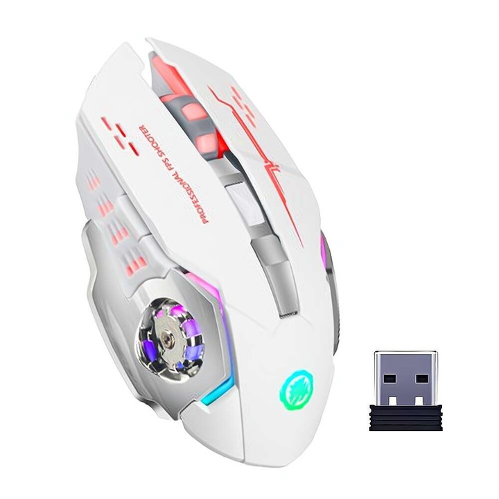 Мишка gaming wireless Fbirddek® T2, 7 светлинни ефекта, USB приемник, 6 бутона, Регулируем 1200/2400/3600DPI, 2.4GHZ, 400mAh, Тиха работа, Акумулаторна, Универсална, Бял