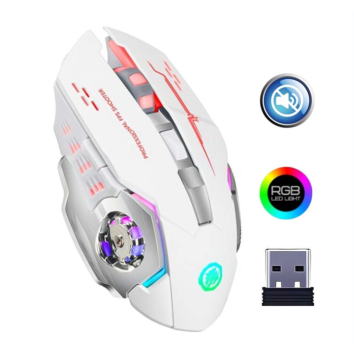 Мишка gaming wireless Fbirddek® T2, 7 светлинни ефекта, USB приемник, 6 бутона, Регулируем 1200/2400/3600DPI, 2.4GHZ, 400mAh, Тиха работа, Акумулаторна, Универсална, Бял