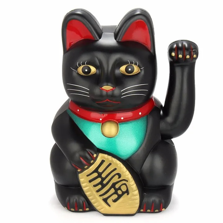 Dekoratív Maneki Neko macska, fekete, Feng Shui szer, műanyag, 15 cm