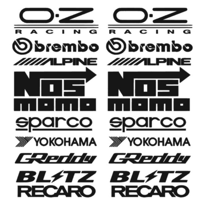 Set 2 bucati, ambele portiere, 10 stickere auto, sponsori, 50x23 cm, Sparco, Brembo, Alpine, momo, OZ, Recaro, Yokohama, negru