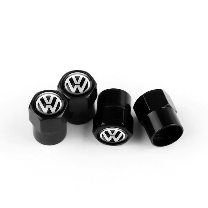 Set 4 capacele pentru ventil auto din aluminiu, Hexagon, General Store, Volkswagen, Negru
