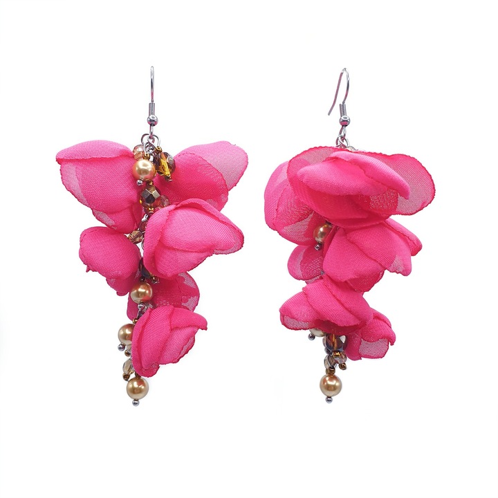 Cercei lungi statement, Zia Fashion, Be Pink, flori din voal, perle si inox, handmade