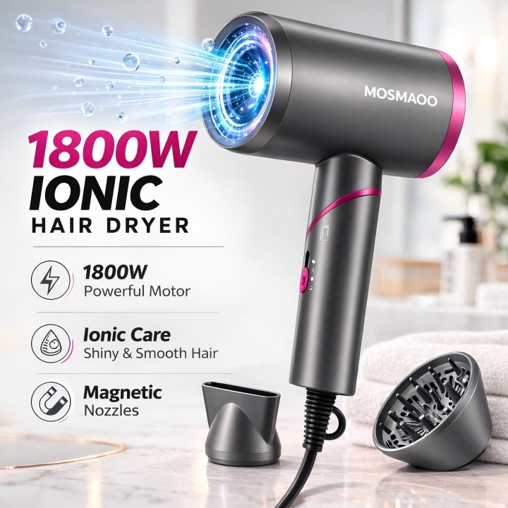 Uscator de Par 1800W Profesional cu Ioni, Maner Pliant, 2 Accesorii Magnetice Incluse, 3 trepte de temperatura, MOSMAOO®, Negru