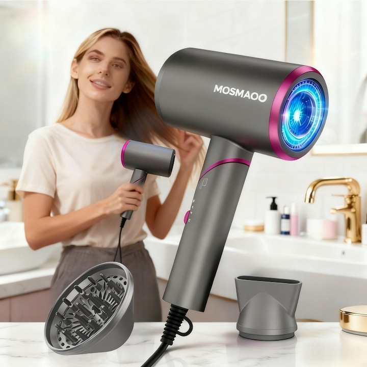 Uscator de par profesional, MOSMAOO®, Putere de 1800W, Ingrijire cu ioni, Maner pliant, 3 trepte de temperatura, 2 accesorii magnetice incluse – un difuzor si doua concentratoare, Negru