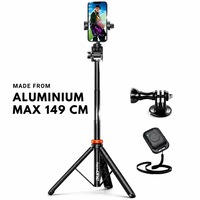 Trepied foto telescopic premium profesional Techone® Photo Buddy AKJ-01, pentru telefon/camera foto/gopro, telecomanda, functie selfie stick, ajustabil, husa impermeabila, H33-149 cm, aluminiu, Negru