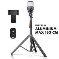 Trepied foto telescopic premium profesional Techone® Photo Buddy AKJ-02, pentru telefon/camera foto/GoPro, telecomanda, functie selfie stick, ajustabil, husa impermeabila, H46-163 cm, aluminiu, Negru