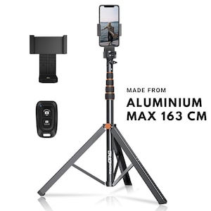 Trepied foto telescopic premium profesional Techone® Photo Buddy AKJ-02, pentru telefon/camera foto/GoPro, telecomanda, functie selfie stick, ajustabil, husa impermeabila, H46-163 cm, aluminiu, Negru