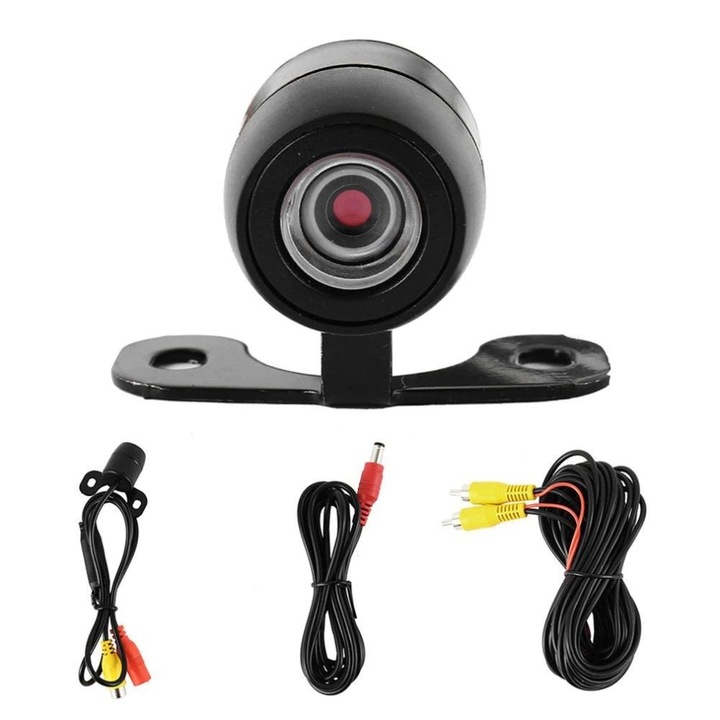 Camera de marsarier si parcare, set 5 piese, motoLEDy, Mini, IP68, unghi vizualizare 170°, cu linii ghidaj, imagine color, activare automata la mers inapoi, alimentare 12V, montaj universal interior-exterior, prindere tip fluture
