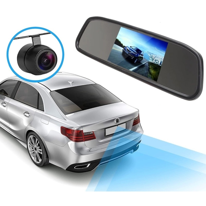 Sistem Asistenta la Parcare, MotoLEDy, Camera Marsarier Mini IP68 Unghi Vizualizare 170° cu Linii Ghidaj, 4 Senzori Ultrasunete Negri cu Buzzer, Oglinda Retrovizoare cu Monitor LCD 4.3 toli Rezolutie 800x480, Activare Automata, Alimentare 12V