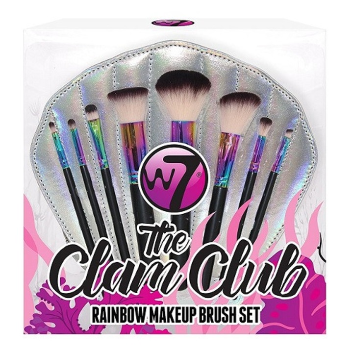 Комплект от 8 четки за грим, W7, The Clam Club Rainbow, включена чанта за съхранение