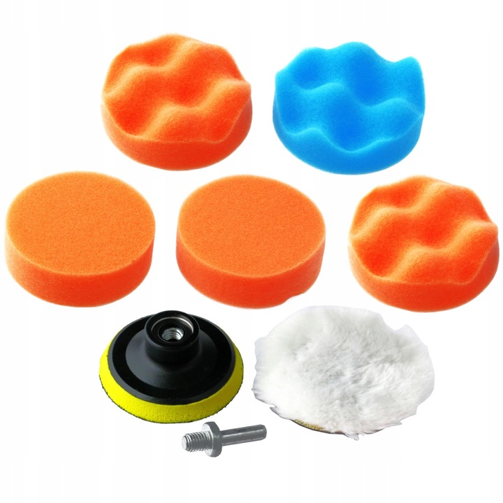 Set 8 piese polish auto profesional, discuri de burete 80 mm, lana si adapter pentru bormasina