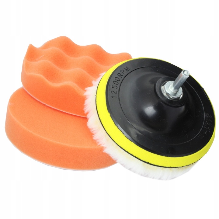 Set 5 piese polish auto profesional, discuri de burete 125 mm, lana si adaptor pentru bormasina