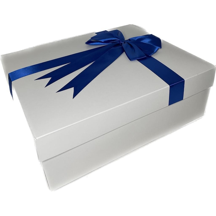 Cutie cadou, carton alb cu fundita albastra, forma dreptunghiulara, 38X32X13 cm