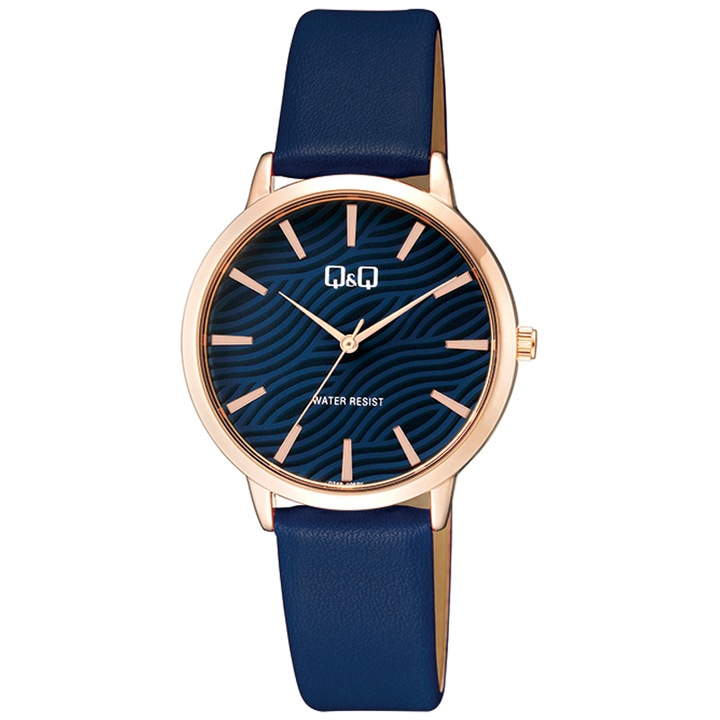 Q&Q női karóra, quartz, rózsaarany színű fémtok, kék színű számlap, kék színű bőrszíj, Q26B-006PY