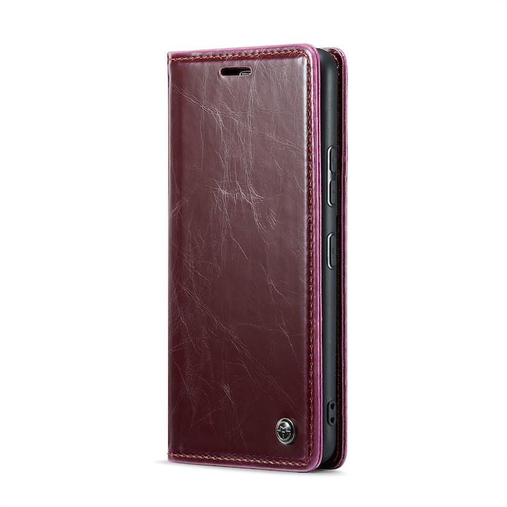 Калъф за Samsung Galaxy A54, CaseMe, фина кожа, тип портфейл, стойка, Бордо магнитно закопчаване, мека TPU подложка, Вишнов цвят