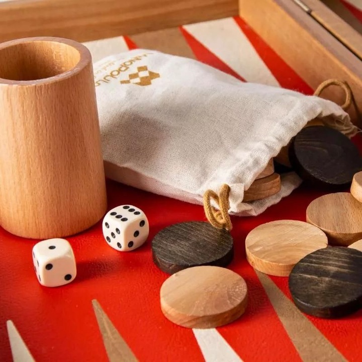 Manopoulos Backgammon De Table En Chêne Rouge 48 Cm - Jeu Complet Avec Dés Et Shakers
