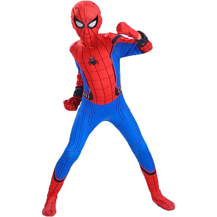 Costum Spiderman pentru copii, cu cagula si manusi, Supererou, Lycra, 3-4 ani, 110 cm, Albastru / Rosu