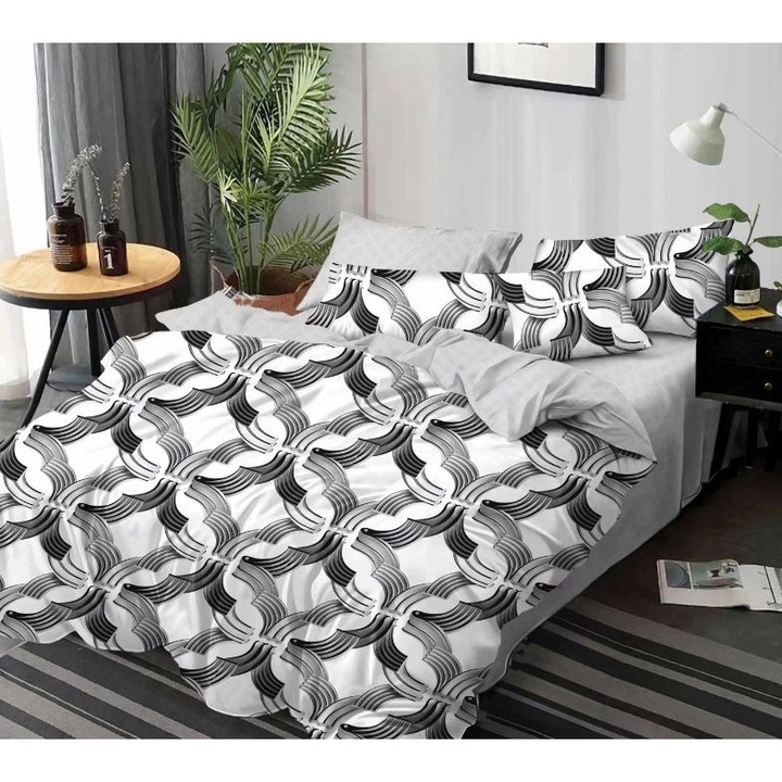 Set Lenjerie de pat dublu, 2 persoane, Pucioasa, Bumbac, Finet, 6 Piese, Cearceaf de pat 245 x 250 cm, Cearceaf pilota 200 x 230 cm, 2 fete de perna 70 x 70 cm, 2 fete de perna 55 x 80 cm, Alb/Gri deschis, Doua fete, Model geometric, PUC-0054