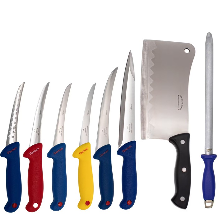 Set macelarie format din 8 piese, 6 cutite, 1 masat magnetic, 1 satar pentru spart oase, DOW, Ascutitor cutite