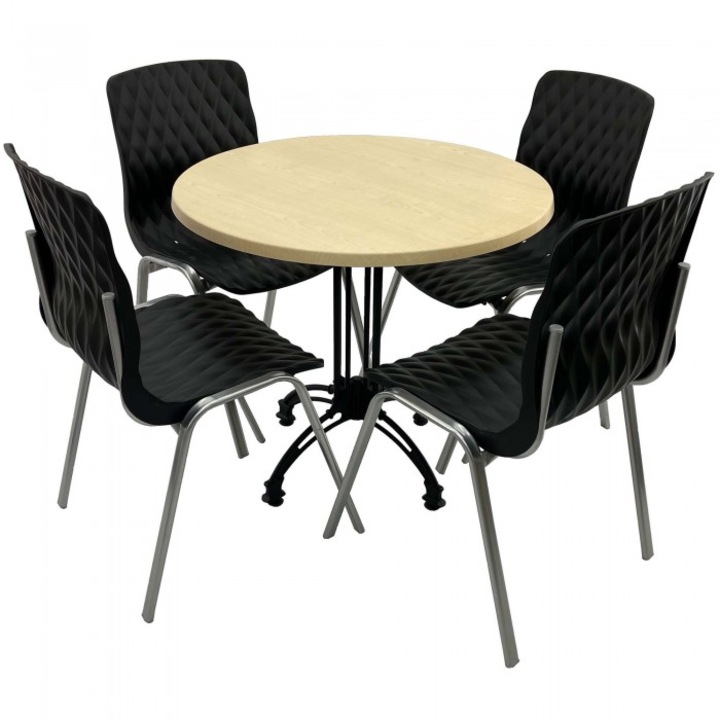 Set mobila de terasa restaurant Raki Maple masa rotunda 80cm cu blat werzalit si baza retro, clasic,4 scaune ROYAL negre