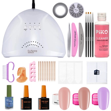 Kit unghii gel Perfect Nails 3, Zenail, gel de constructie NailSchool, cu lampa LED Sunone+geluri color, nail art