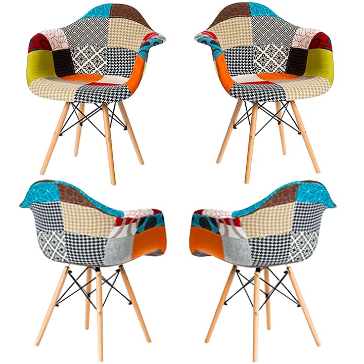Set 4 scaune sufragerie, living, horeca, tip fotoliu, multicolor, picioare lemn, Teox®